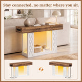 47" Console Table with LED Lights & Outlets, Farmhouse Entryway Table with Geometric Lattice Pattern, 2-Tier Narrow Sofa Table Behind Couch for Living Room, Hallway, Foyer