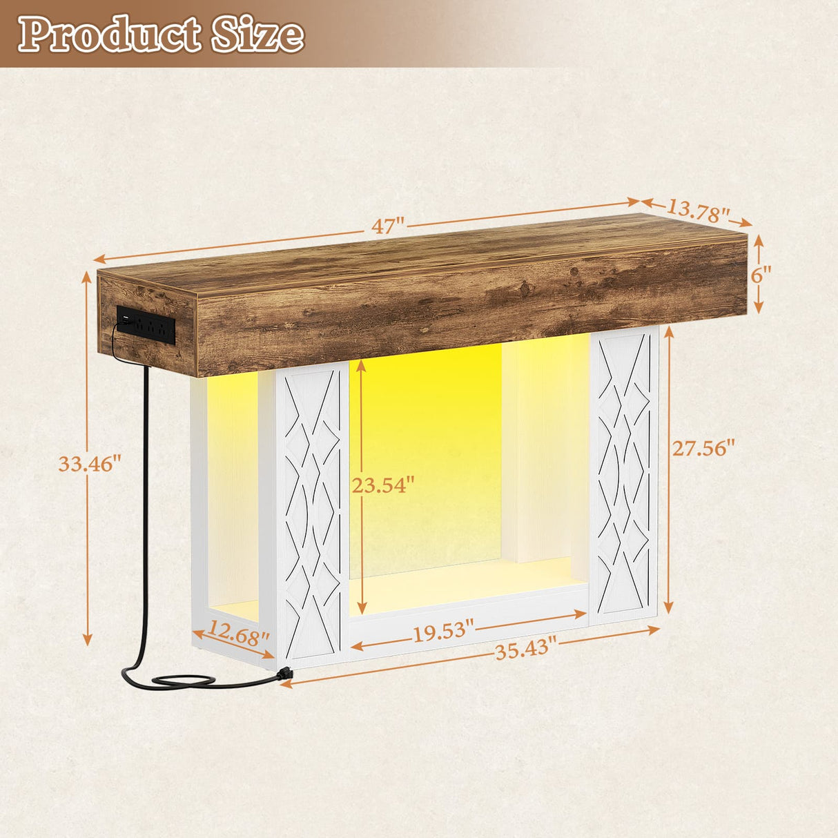 47" Console Table with LED Lights & Outlets, Farmhouse Entryway Table with Geometric Lattice Pattern, 2-Tier Narrow Sofa Table Behind Couch for Living Room, Hallway, Foyer