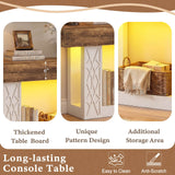 63" Console Table with LED Lights & Outlets, Farmhouse Entryway Table with Geometric Lattice Pattern, 2-Tier Narrow Sofa Table Behind Couch for Living Room, Hallway, Foyer