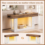 63" Console Table with LED Lights & Outlets, Farmhouse Entryway Table with Geometric Lattice Pattern, 2-Tier Narrow Sofa Table Behind Couch for Living Room, Hallway, Foyer