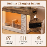 63" Console Table with LED Lights & Outlets, Farmhouse Entryway Table with Geometric Lattice Pattern, 2-Tier Narrow Sofa Table Behind Couch for Living Room, Hallway, Foyer