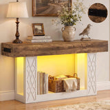 63" Console Table with LED Lights & Outlets, Farmhouse Entryway Table with Geometric Lattice Pattern, 2-Tier Narrow Sofa Table Behind Couch for Living Room, Hallway, Foyer