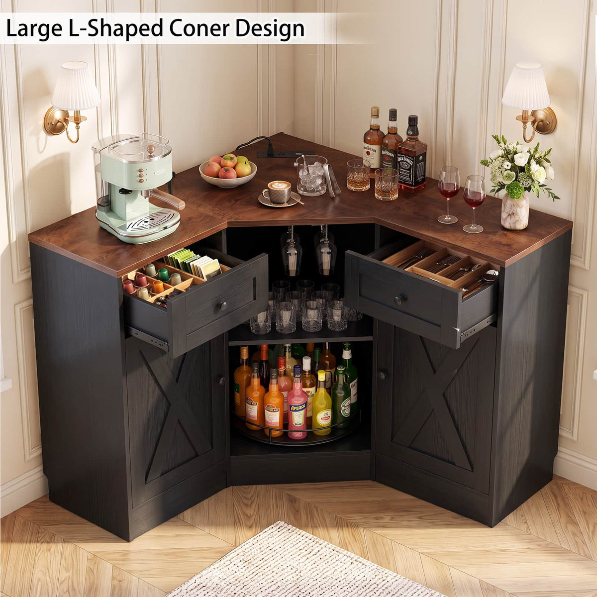 Coner Cabinet, Kitchen Pantry Cabinet with Outlets