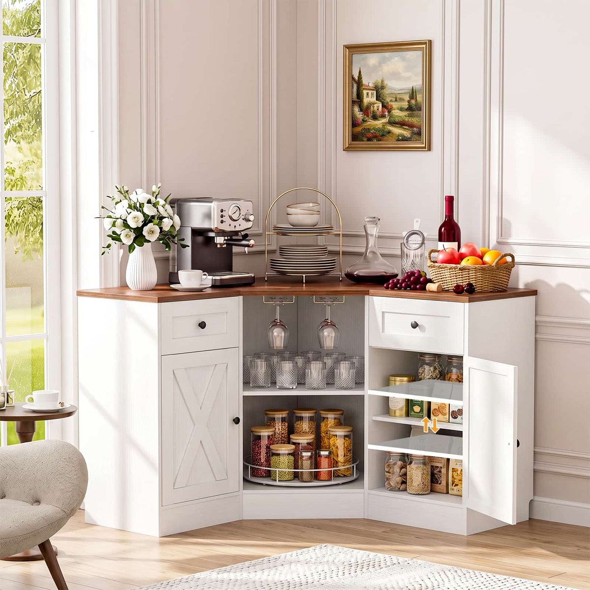 Coner Cabinet, Kitchen Pantry Cabinet with Outlets