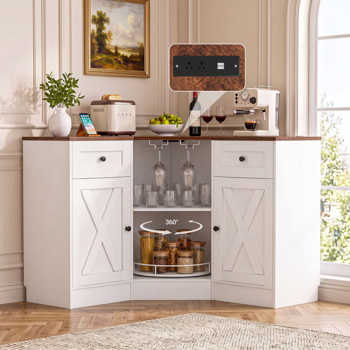 Coner Cabinet, Kitchen Pantry Cabinet with Outlets