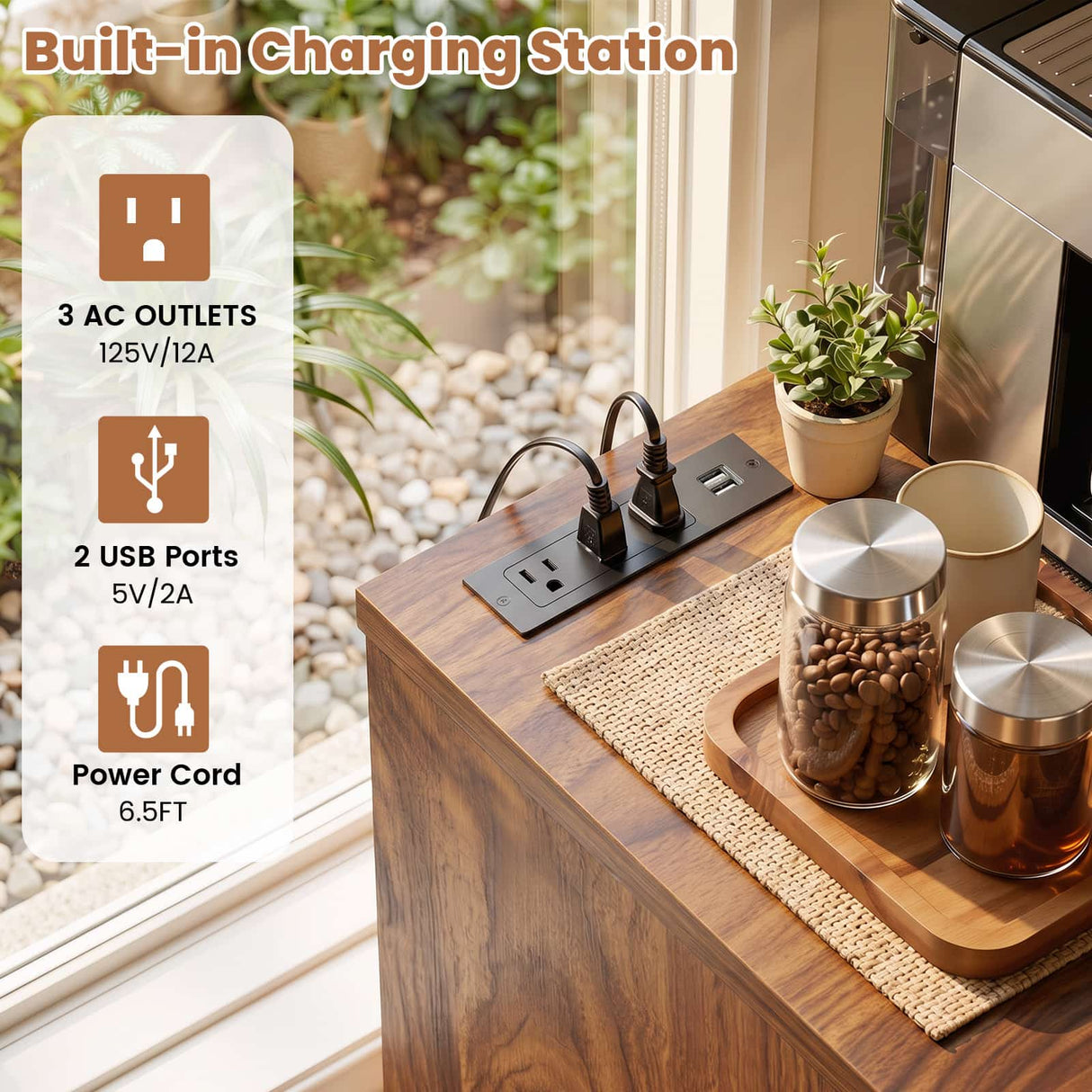 Coffee Bar Cabinet with Mini Fridge Space, Wine Bar with Charging Station & Drawers( Refrigerator not included )