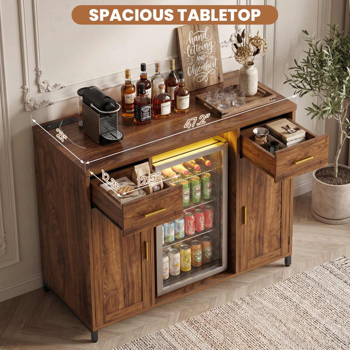 Coffee Bar Cabinet with Mini Fridge Space, Wine Bar with Charging Station & Drawers( Refrigerator not included )