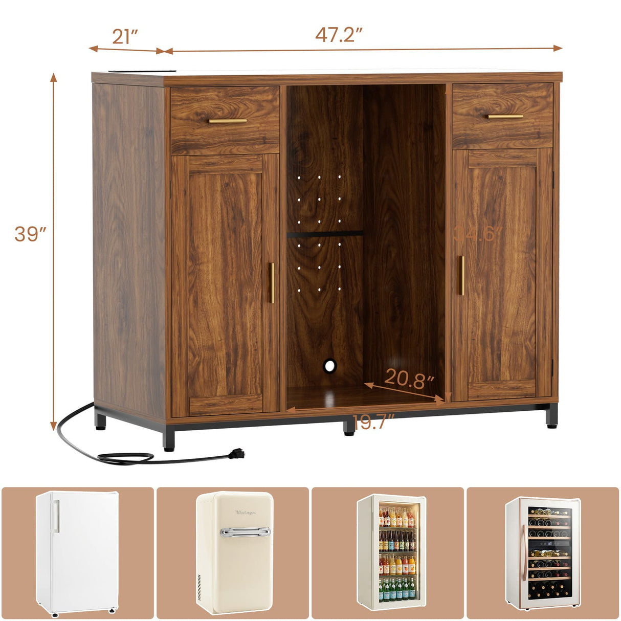 Coffee Bar Cabinet with Mini Fridge Space, Wine Bar with Charging Station & Drawers( Refrigerator not included )