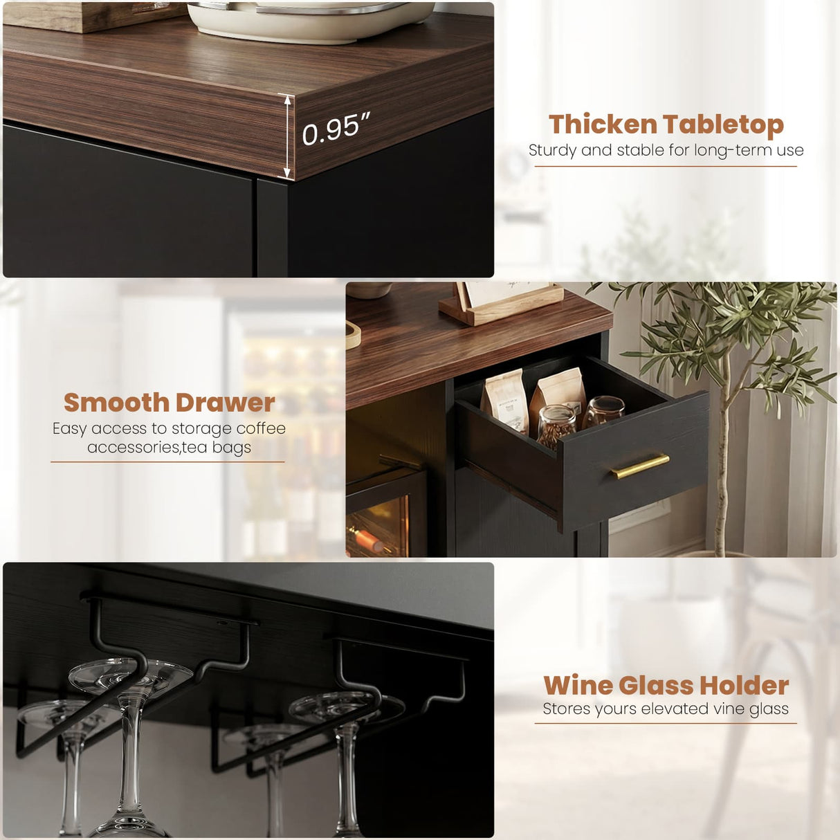 Coffee Bar Cabinet with Mini Fridge Space, Wine Bar with Charging Station & Drawers( Refrigerator not included )