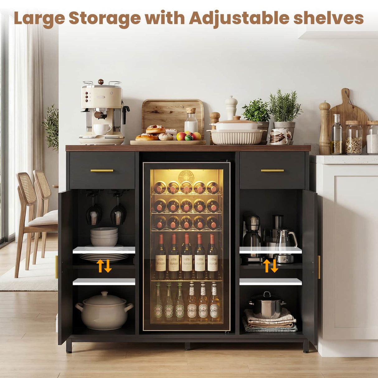 Coffee Bar Cabinet with Mini Fridge Space, Wine Bar with Charging Station & Drawers( Refrigerator not included )