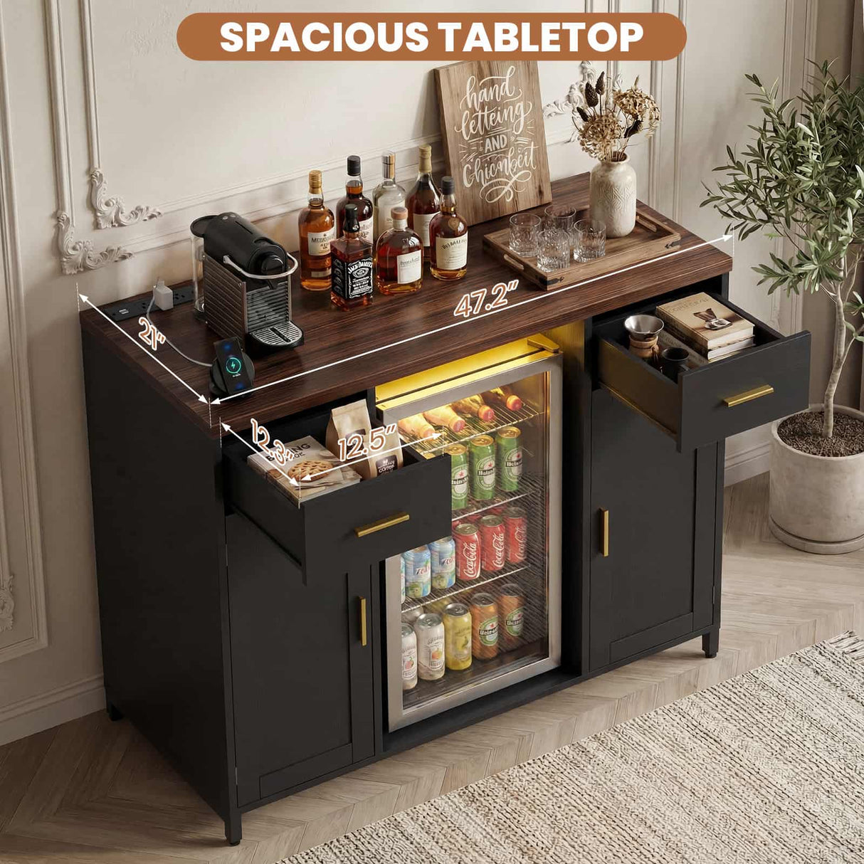 Coffee Bar Cabinet with Mini Fridge Space, Wine Bar with Charging Station & Drawers( Refrigerator not included )