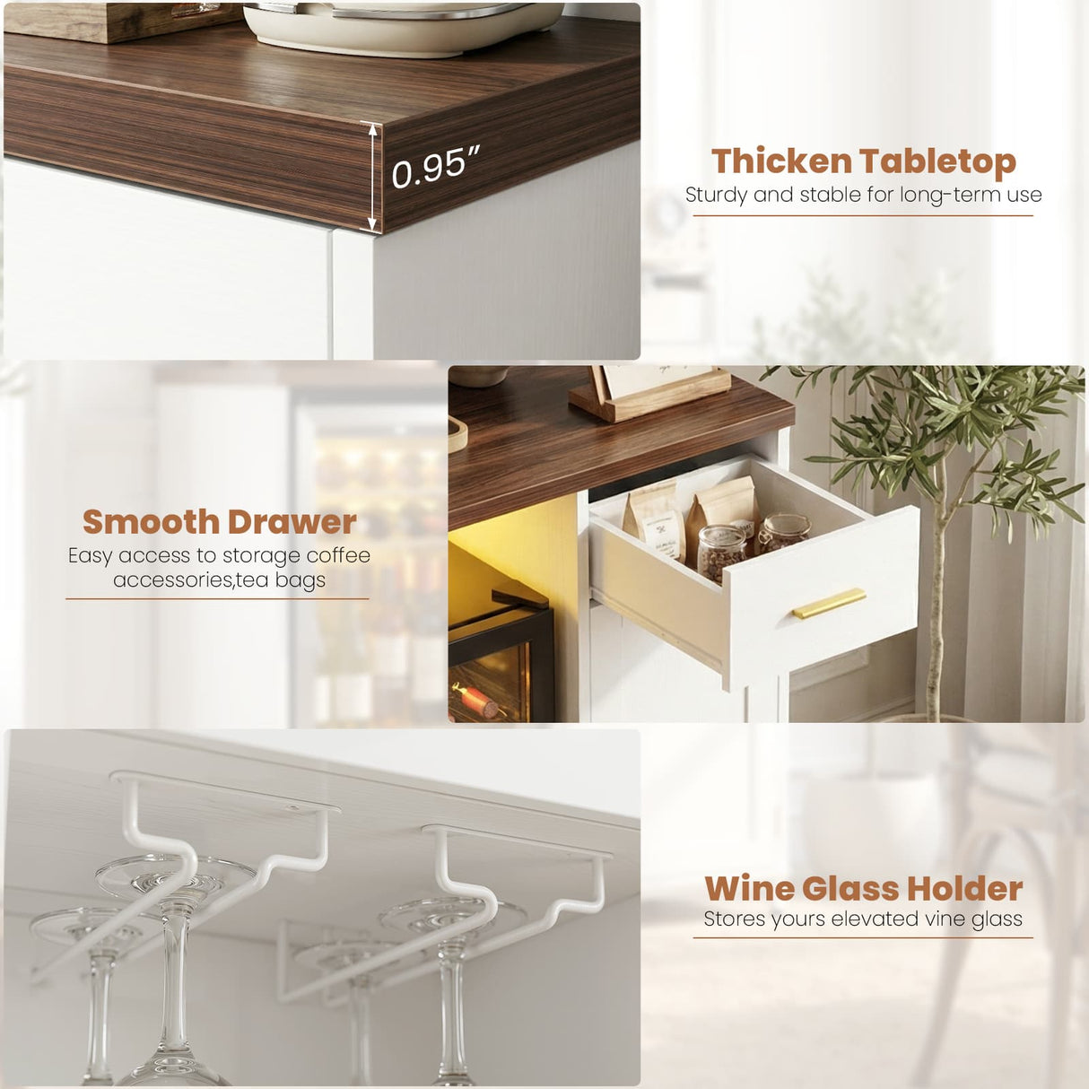 Coffee Bar Cabinet with Mini Fridge Space, Wine Bar with Charging Station & Drawers( Refrigerator not included )
