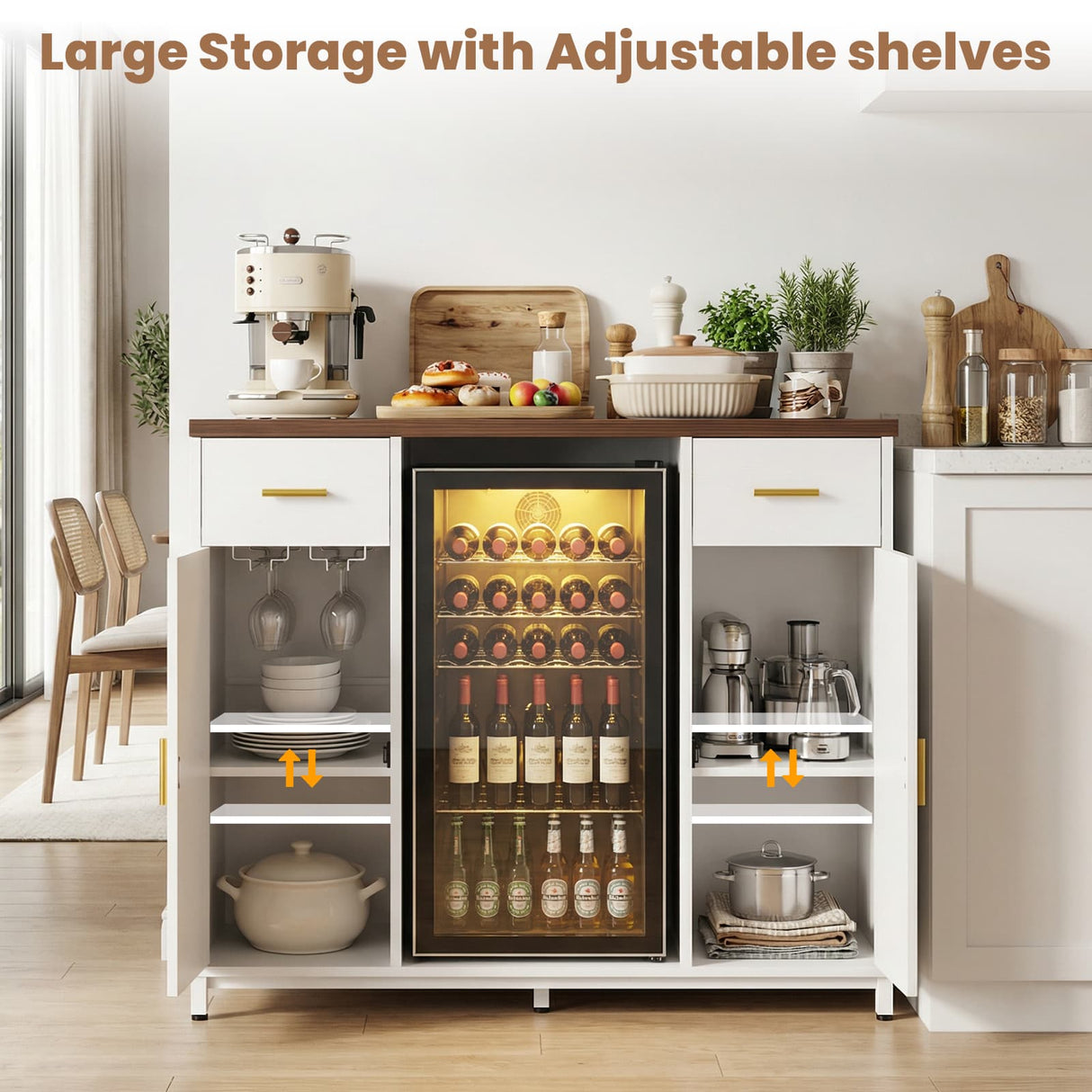 Coffee Bar Cabinet with Mini Fridge Space, Wine Bar with Charging Station & Drawers( Refrigerator not included )