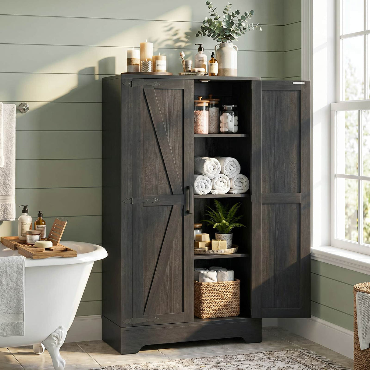Bathroom Storage Cabinet, 43.3" Farmhouse Storage Cabinet with 2 Doors and Adjustable Shelves