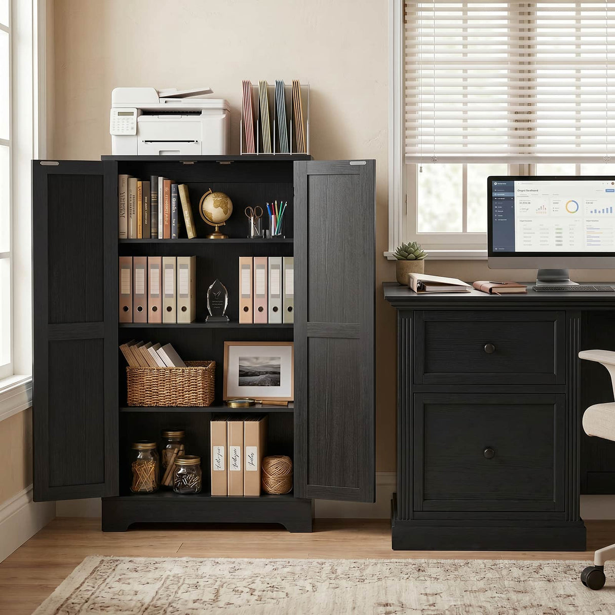 43.3" Farmhouse Storage Cabinet, Kitchen Pantry Storage Cabinet with Adjustable Shelves and Barn Doors