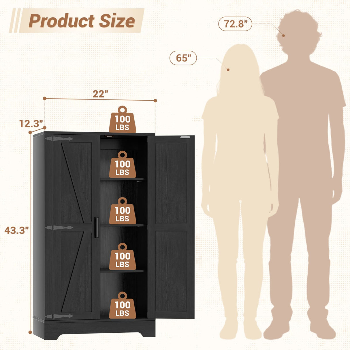 Bathroom Storage Cabinet, 43.3" Farmhouse Storage Cabinet with 2 Doors and Adjustable Shelves