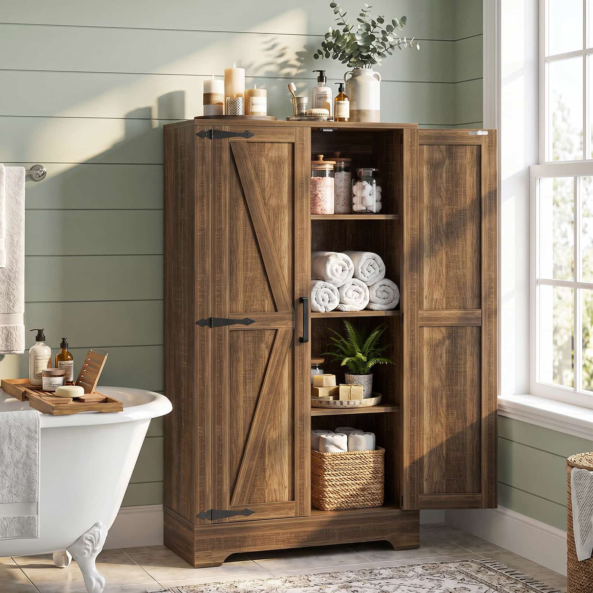 Bathroom Storage Cabinet, 43.3" Farmhouse Storage Cabinet with 2 Doors and Adjustable Shelves