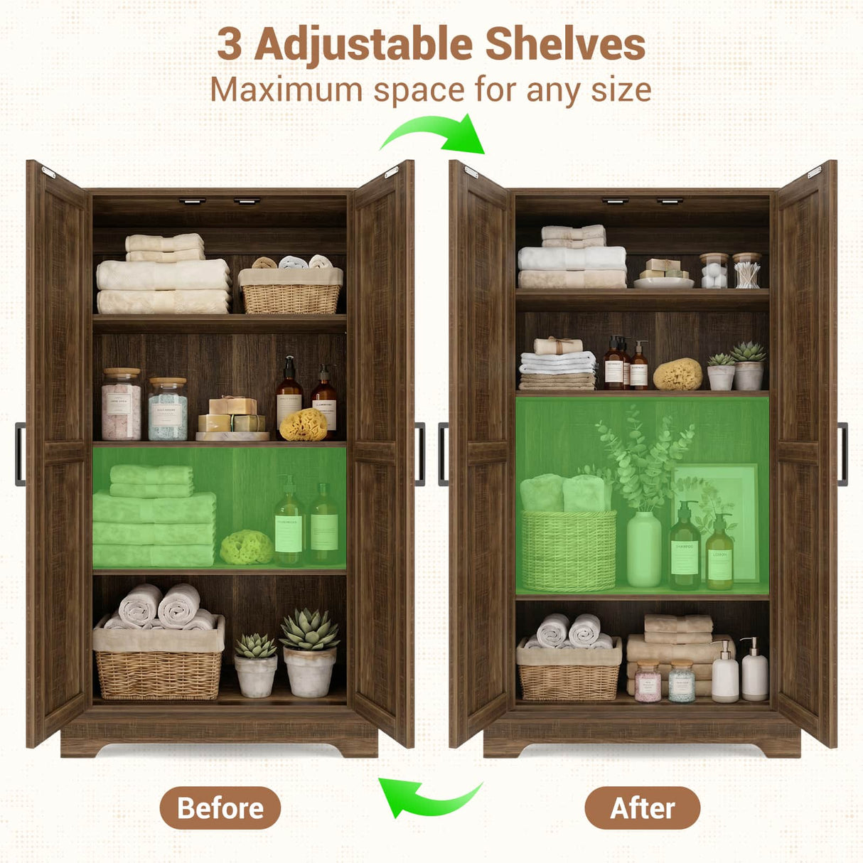 Bathroom Storage Cabinet, 43.3" Farmhouse Storage Cabinet with 2 Doors and Adjustable Shelves