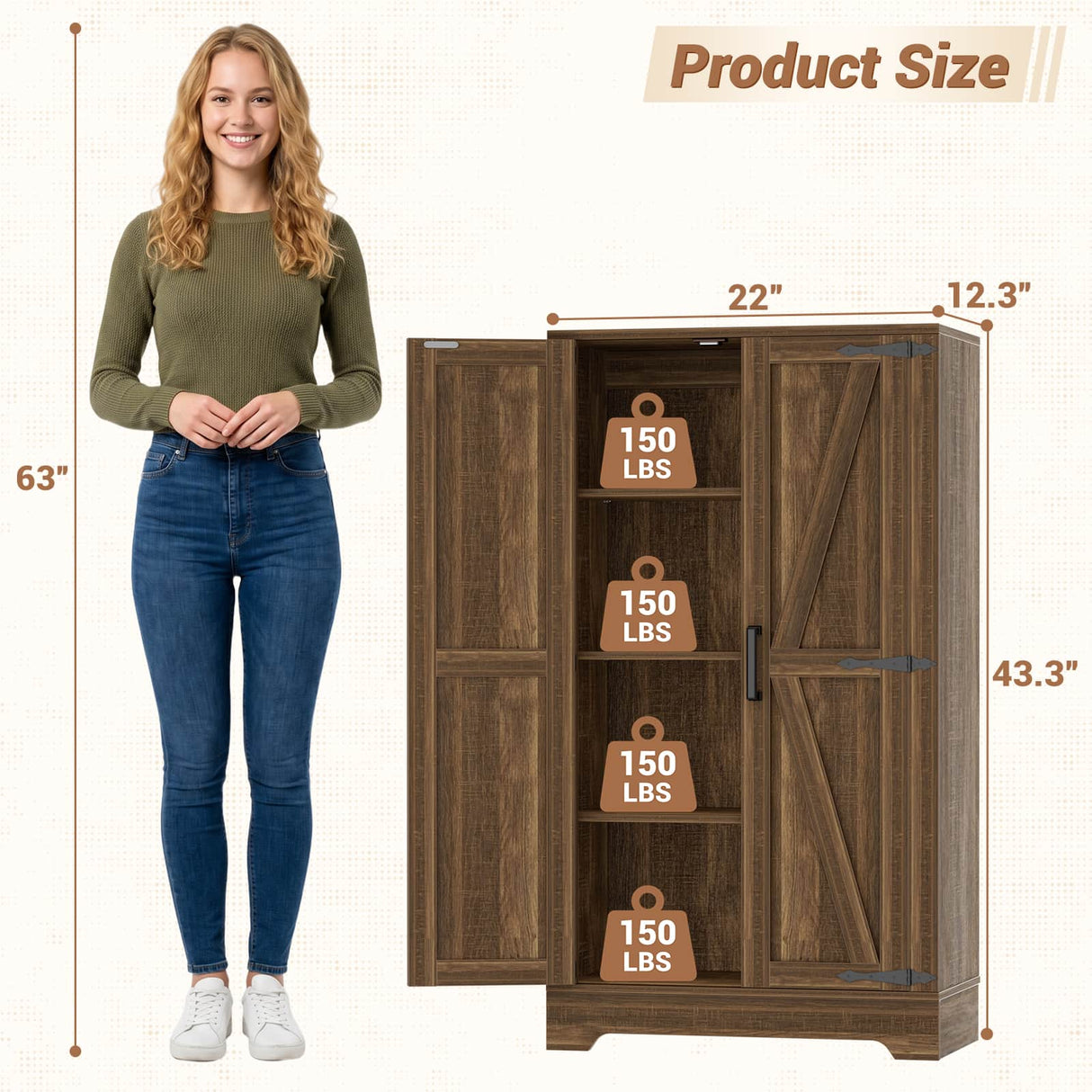 43.3" Farmhouse Storage Cabinet, Kitchen Pantry Storage Cabinet with Adjustable Shelves and Barn Doors