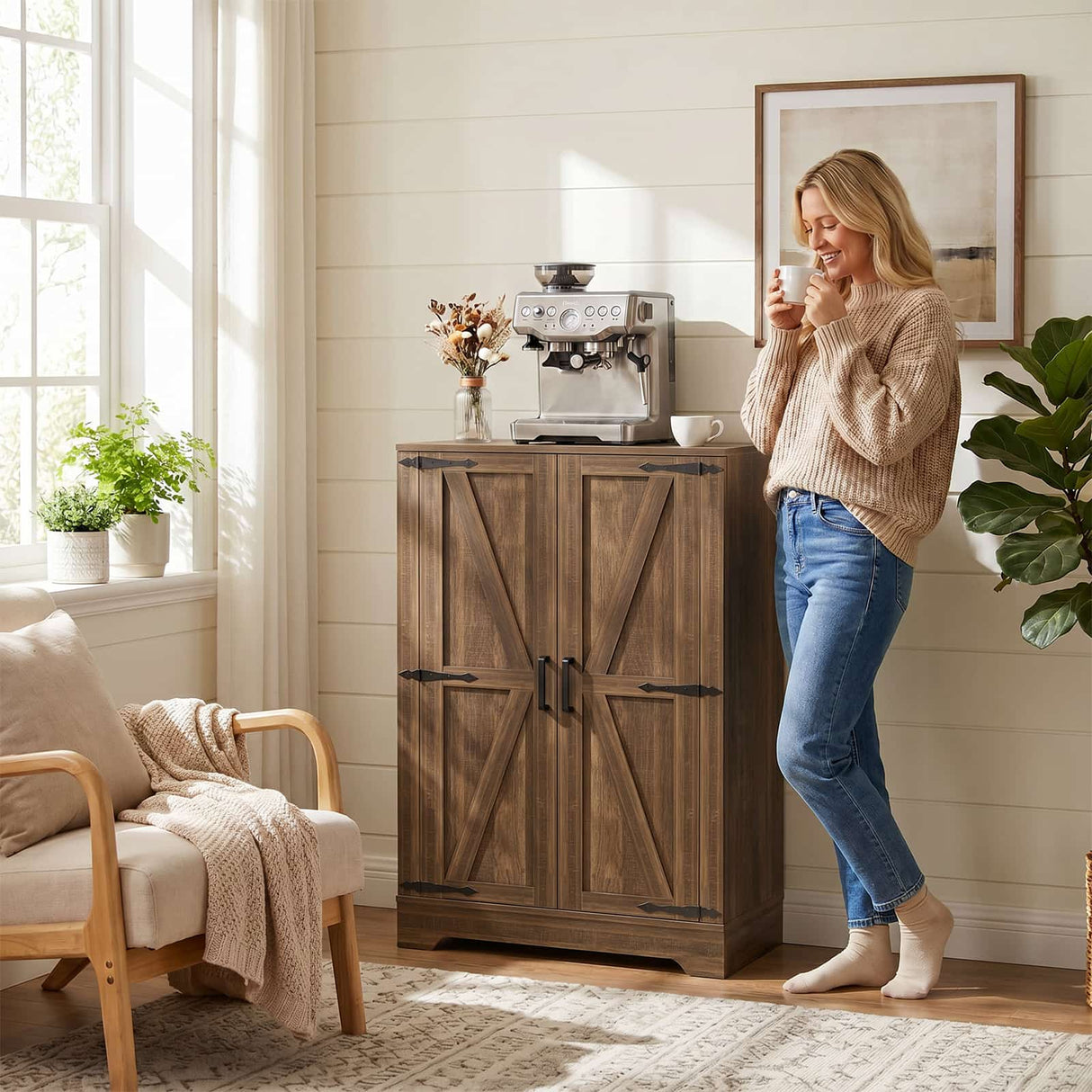 Bathroom Storage Cabinet, 43.3" Farmhouse Storage Cabinet with 2 Doors and Adjustable Shelves