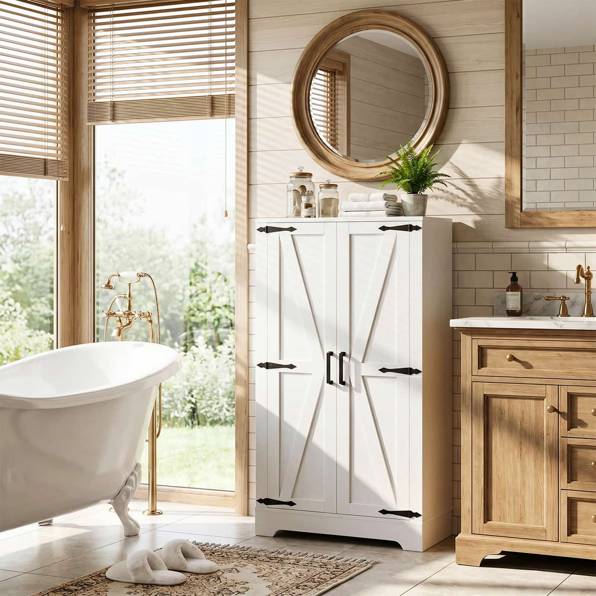 Bathroom Storage Cabinet, 43.3" Farmhouse Storage Cabinet with 2 Doors and Adjustable Shelves