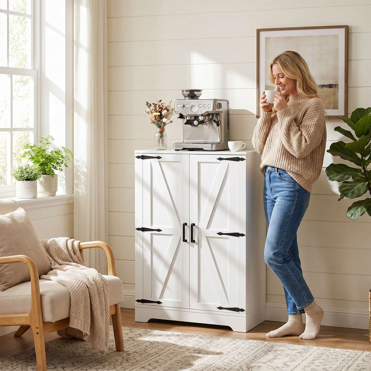 Bathroom Storage Cabinet, 43.3" Farmhouse Storage Cabinet with 2 Doors and Adjustable Shelves