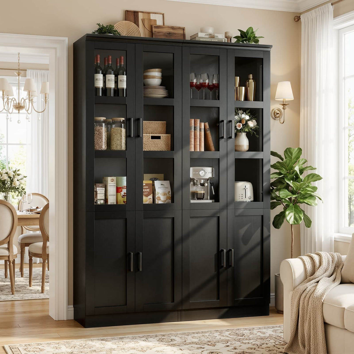 79.7" Tall Kitchen Pantry Storage Cabinet with Tempered Glass Doors, 2 Packs