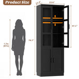 79.7" Tall Kitchen Pantry Storage Cabinet, Freestanding Kitchen Hutch Cabinet with Tempered Glass Doors
