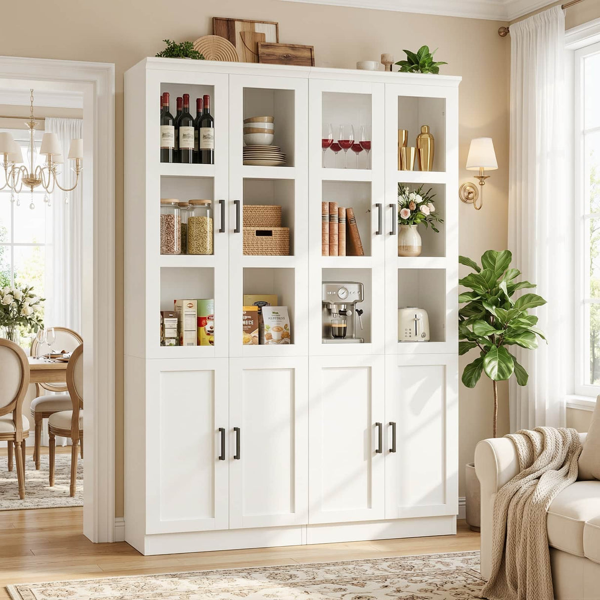 79.7" Tall Kitchen Pantry Storage Cabinet with Tempered Glass Doors, 2 Packs