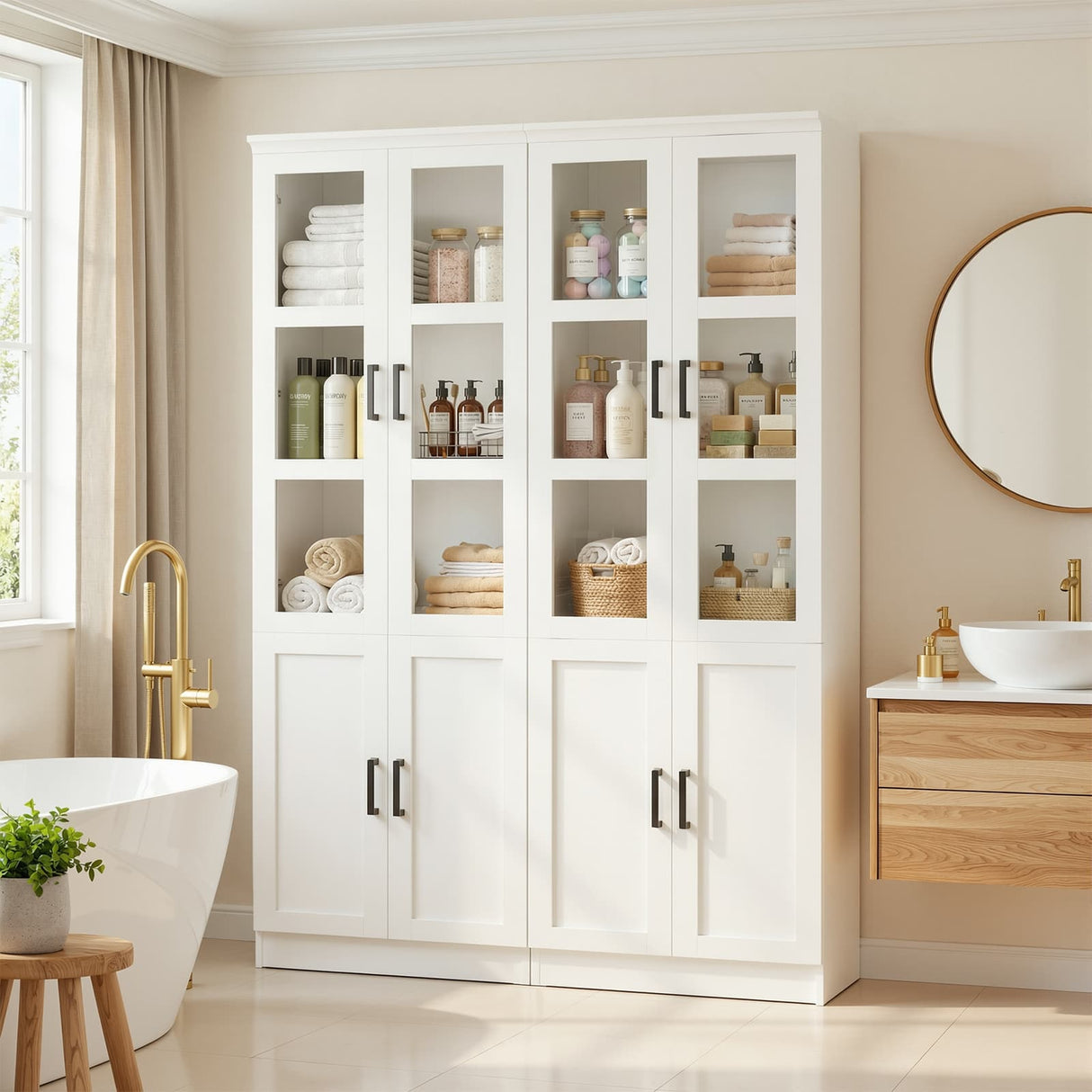 79.7" Tall Kitchen Pantry Storage Cabinet with Tempered Glass Doors, 2 Packs