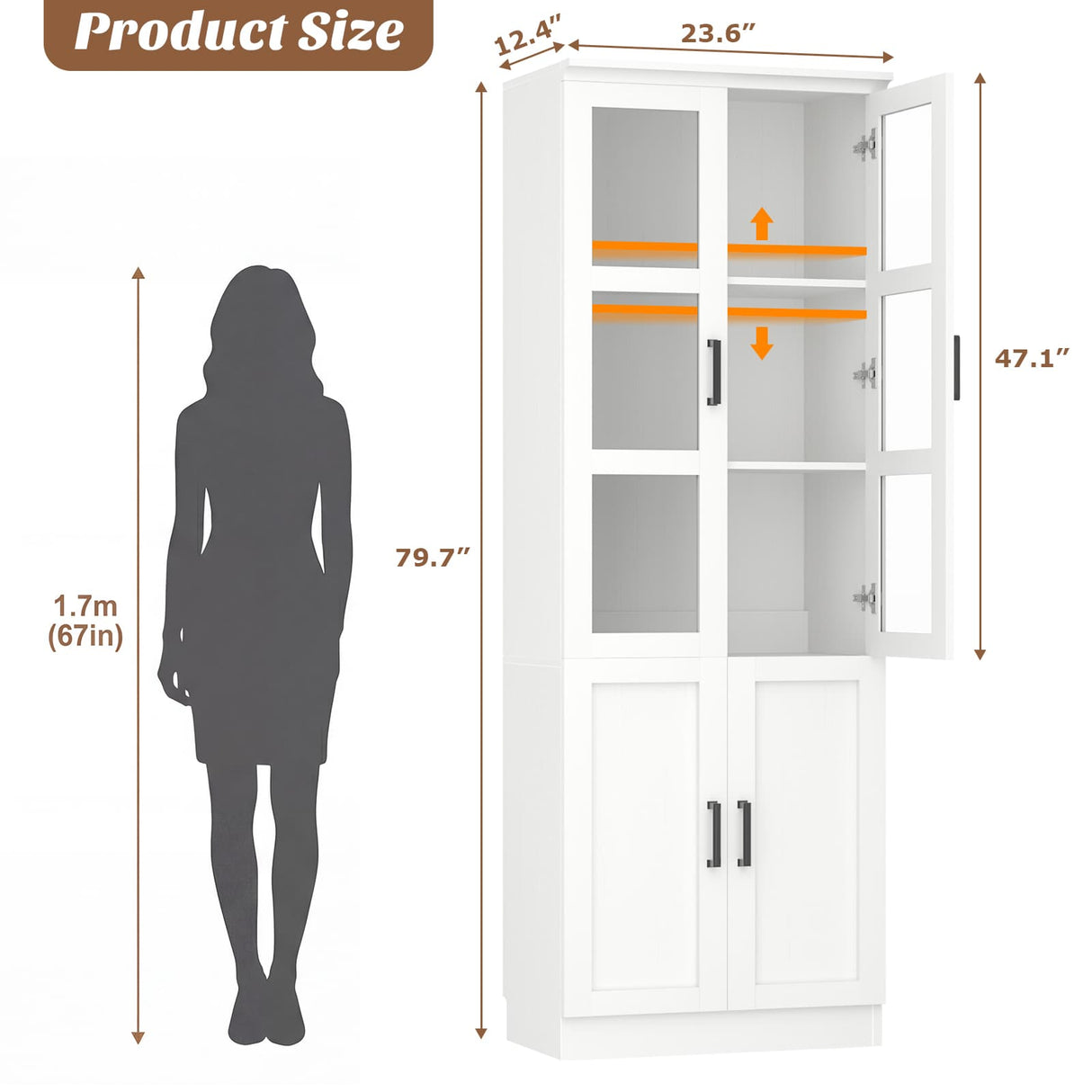 79.7" Tall Kitchen Pantry Storage Cabinet, Freestanding Kitchen Hutch Cabinet with Tempered Glass Doors