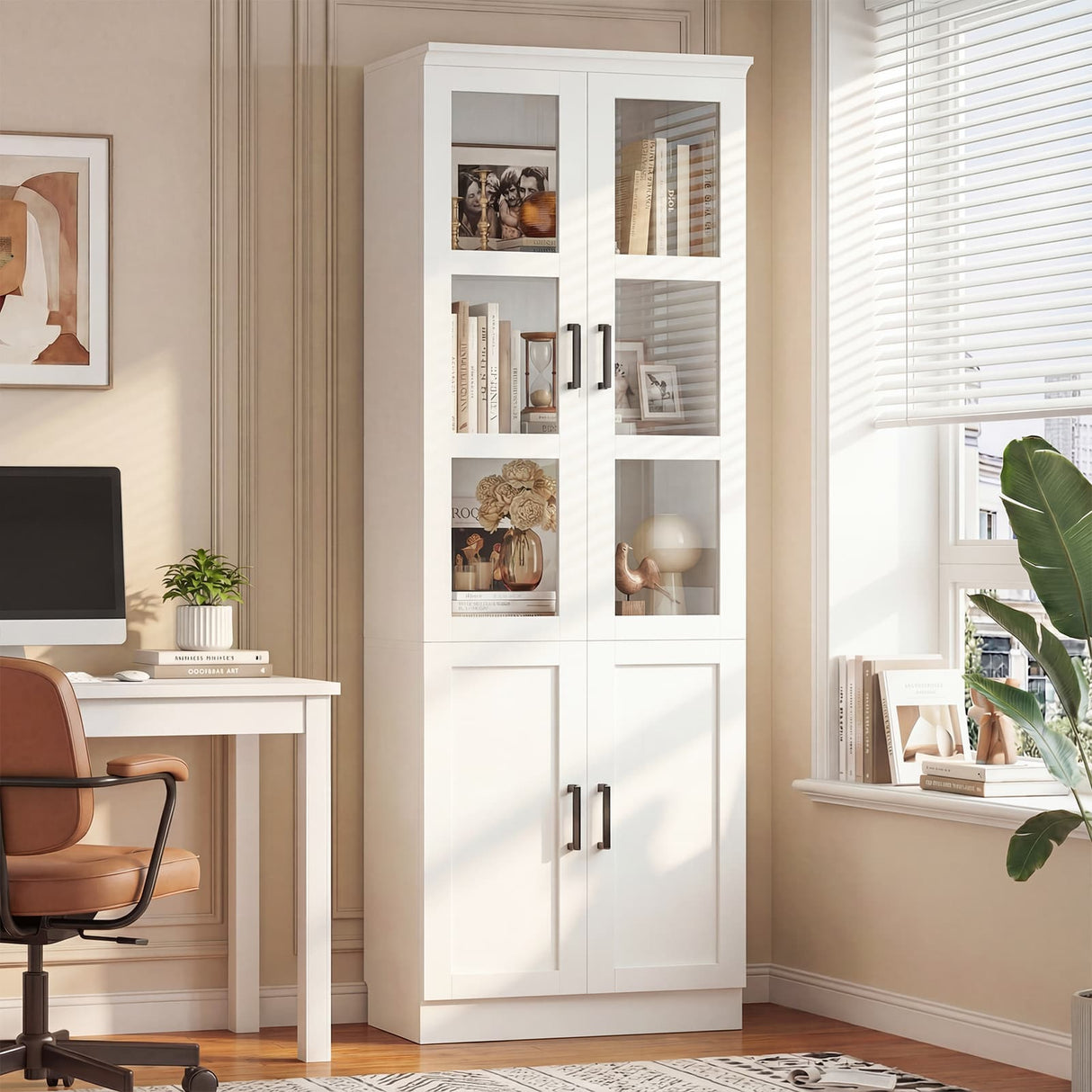 79.7" Tall Kitchen Pantry Storage Cabinet, Freestanding Kitchen Hutch Cabinet with Tempered Glass Doors