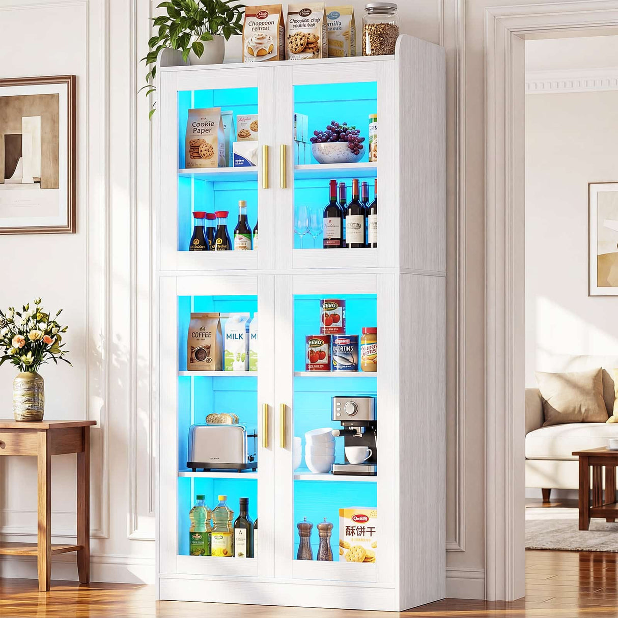 67'' Tall Kitchen Pantry Cabinet with Tempered Glass Doors and Lights