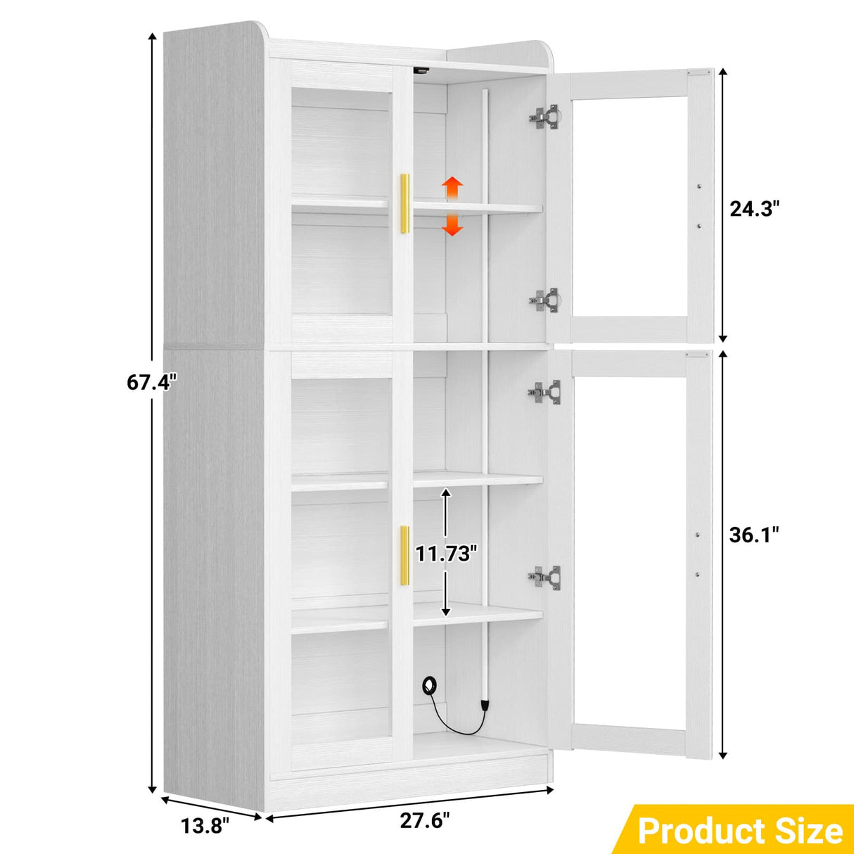 67'' Tall Kitchen Pantry Cabinet with Tempered Glass Doors and Lights