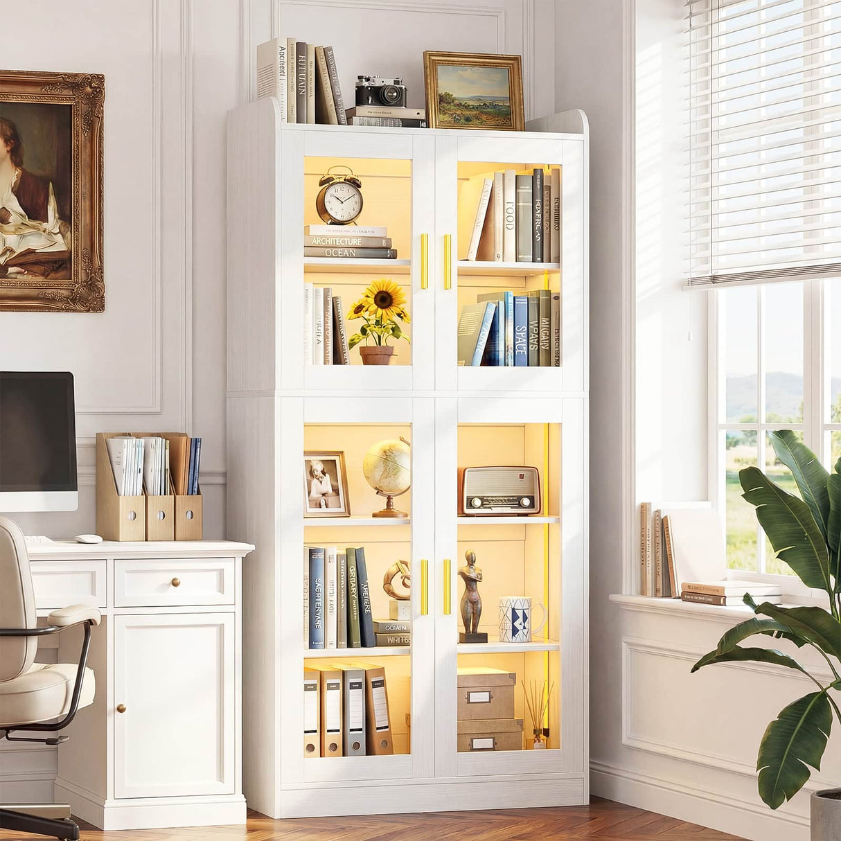 67'' Tall Kitchen Pantry Cabinet with Tempered Glass Doors and Lights