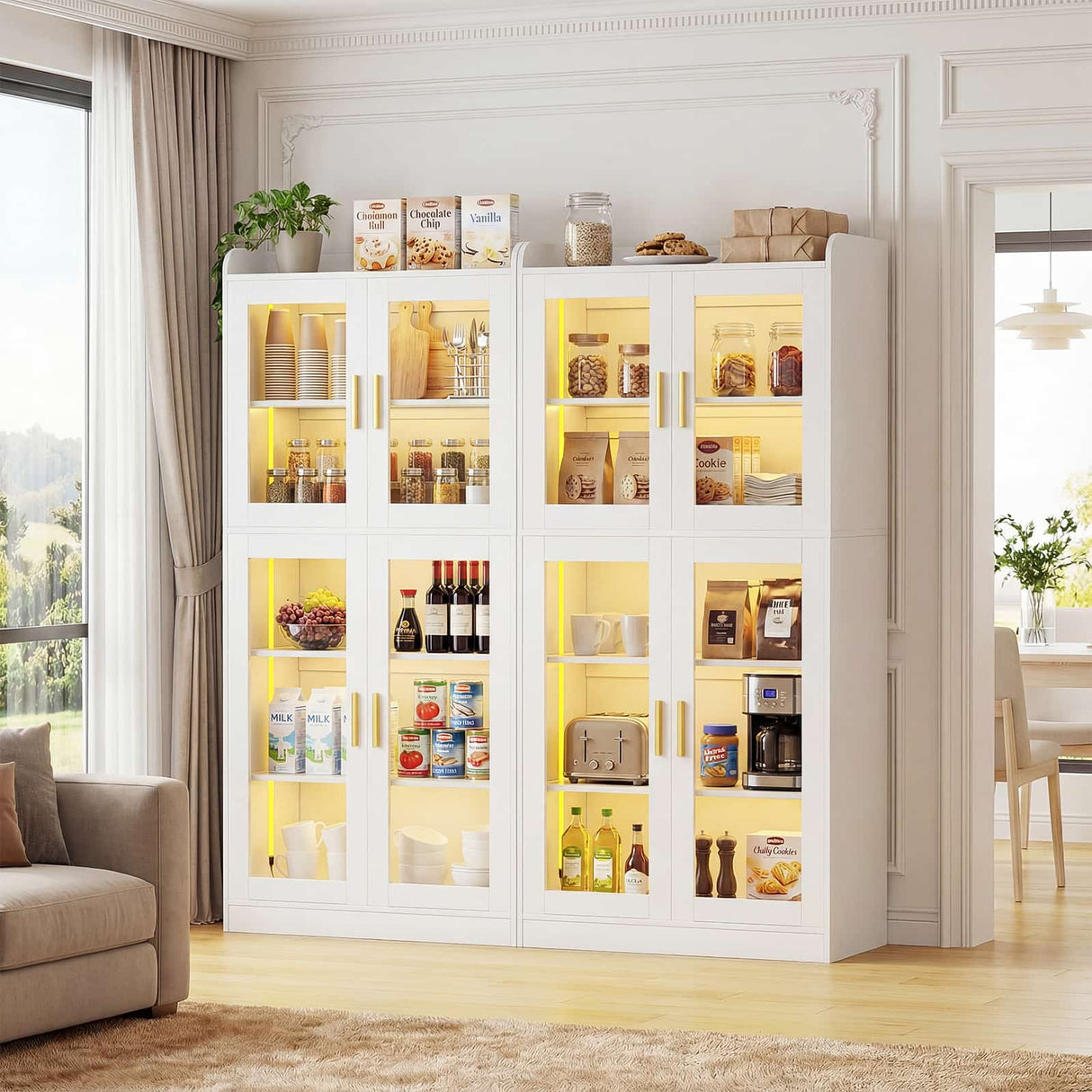 67'' Tall Kitchen Pantry Cabinet with Tempered Glass Doors and Lights