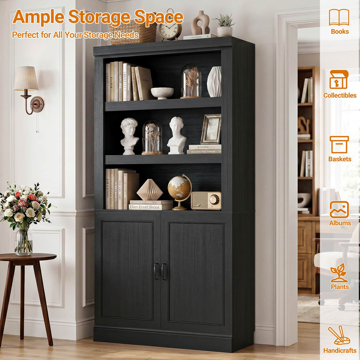 Storage 5-Shelf Bookcase, 71 Inch Tall Bookshelf with Doors and Adjustable Shelves