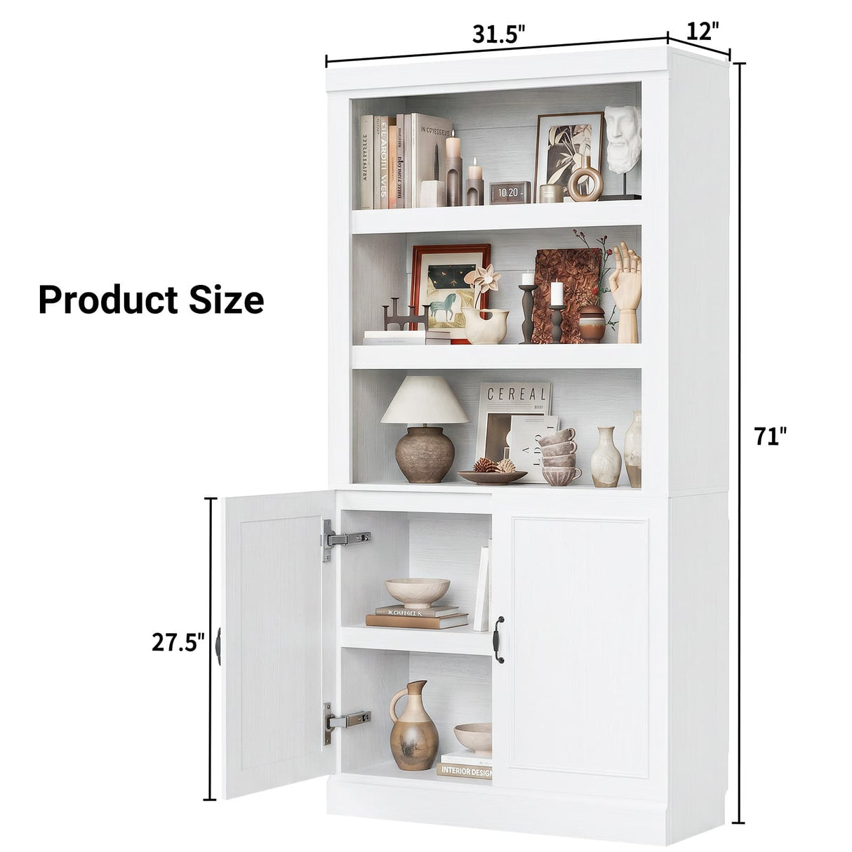 Storage 5-Shelf Bookcase, 71 Inch Tall Bookshelf with Doors and Adjustable Shelves