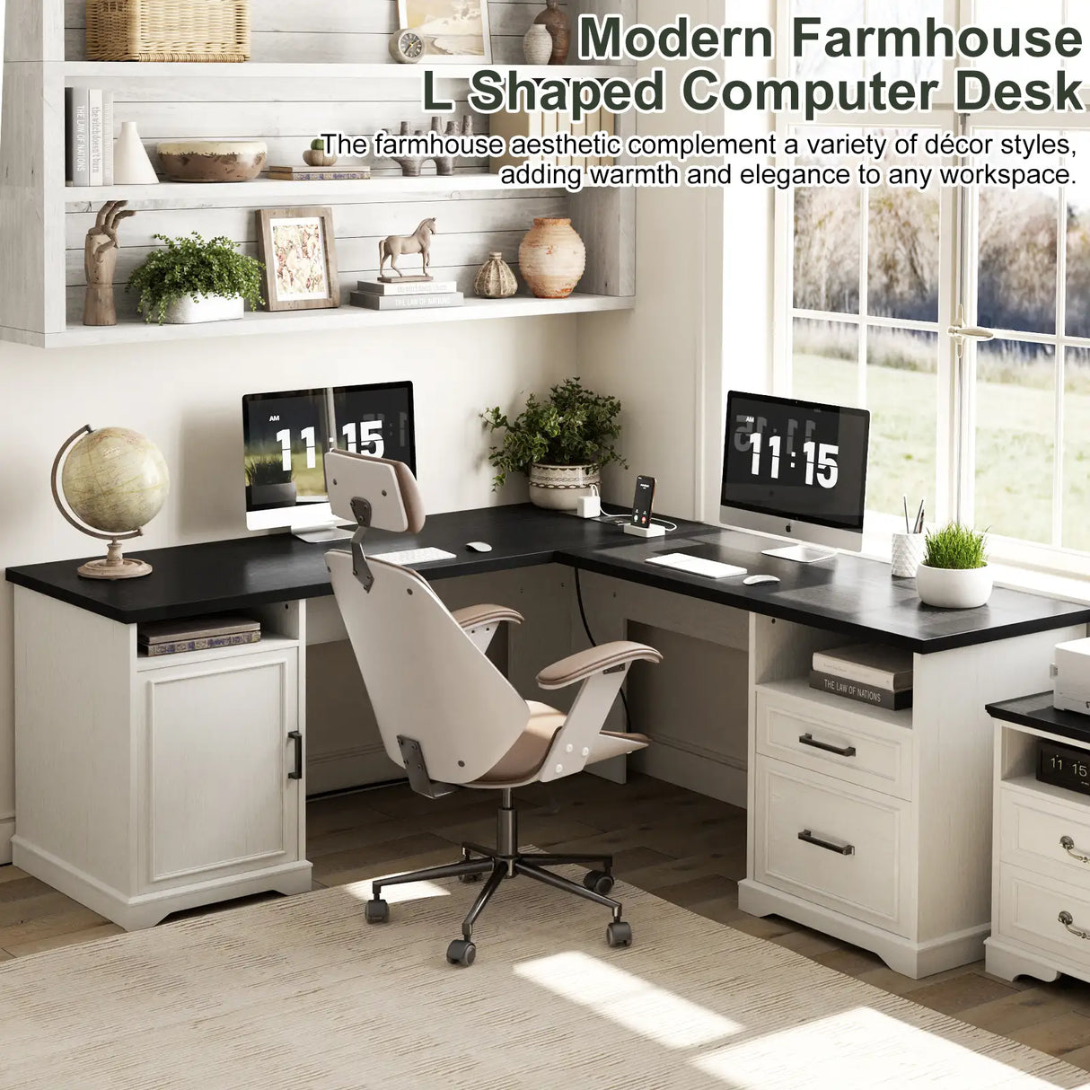 59'' L Shaped Desk with Drawers and Cabinet