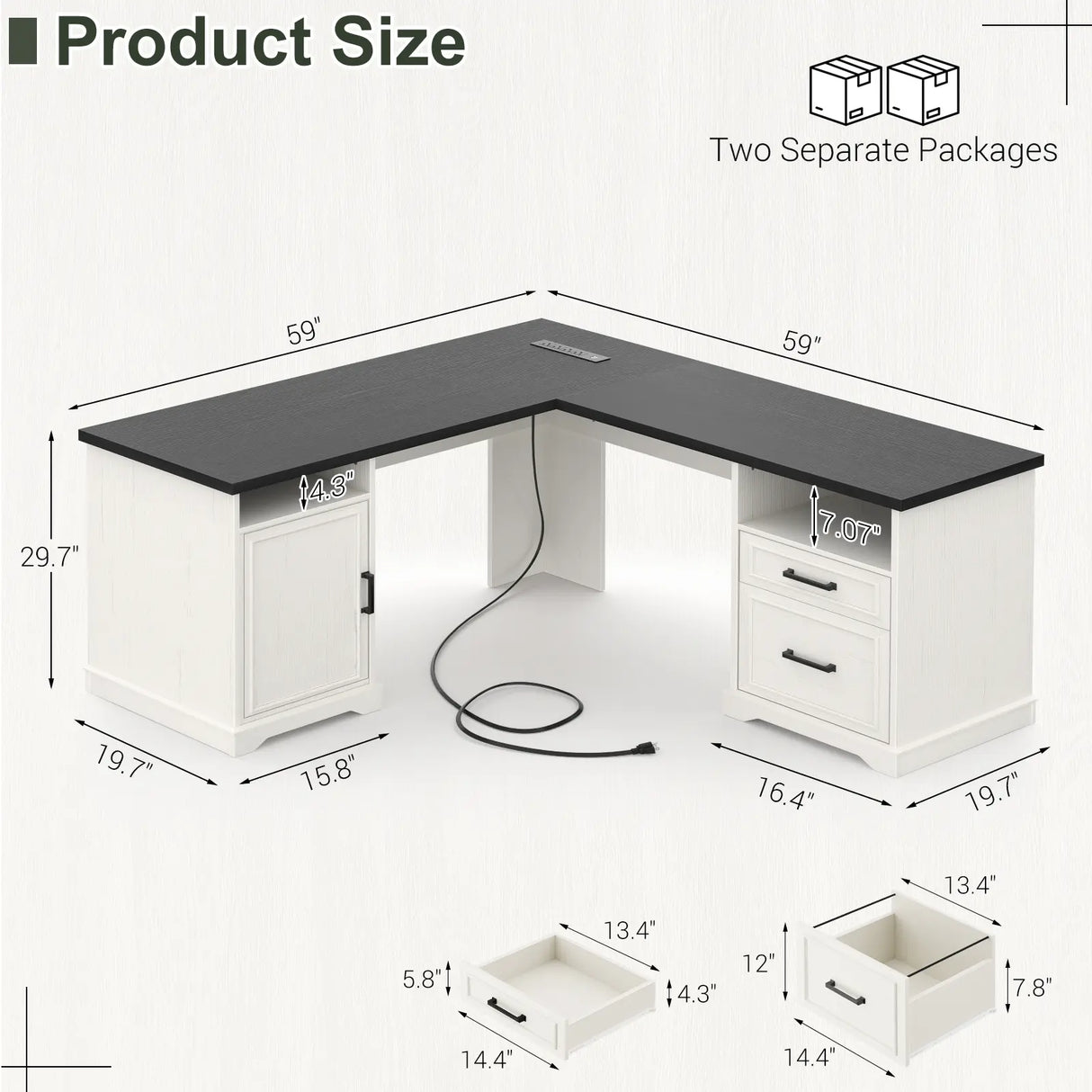 59'' L Shaped Desk with Drawers and Cabinet