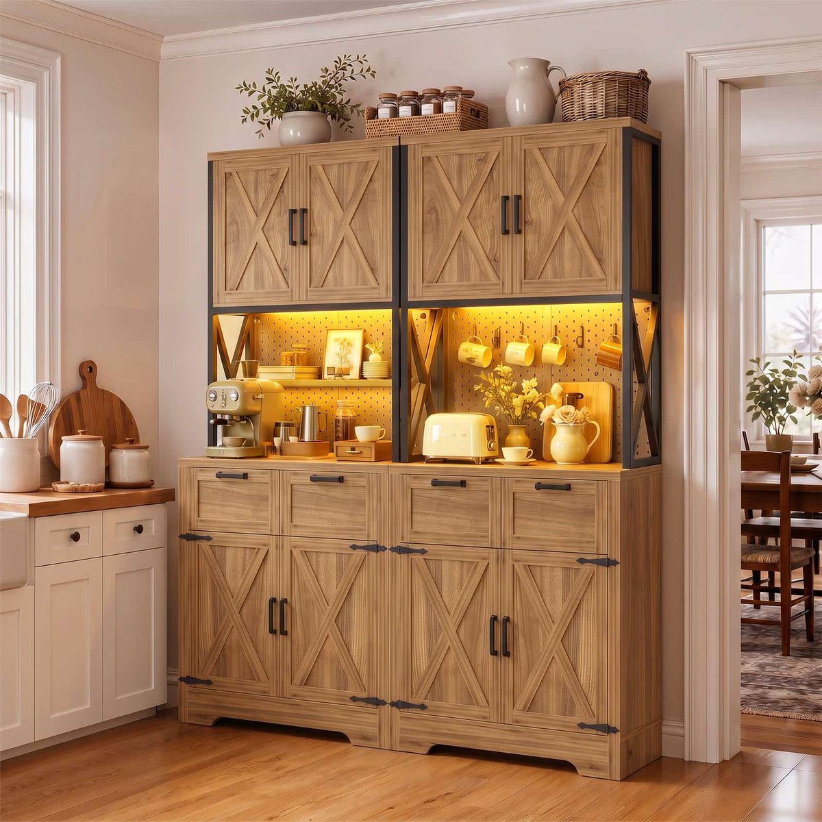 71" Tall Kitchen Pantry Cabinet with Microwave Countertop, 63" Wide