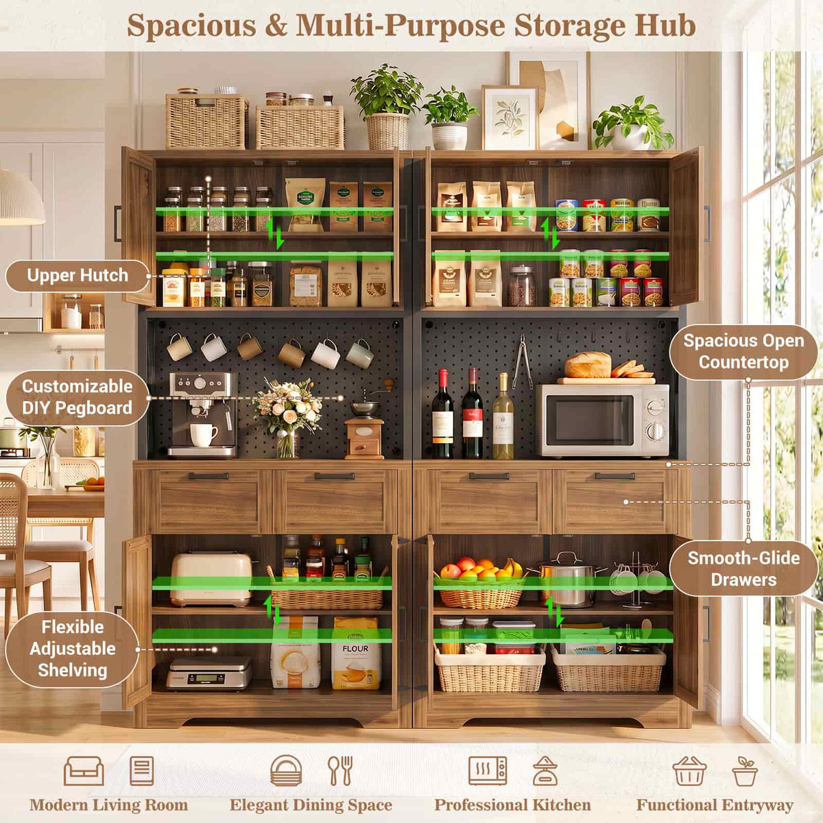 71" Tall Kitchen Pantry Cabinet with Microwave Countertop, 63" Wide