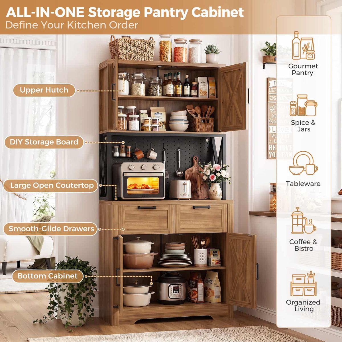 71" Tall Kitchen Pantry Storage Cabinet with Microwave Countertop