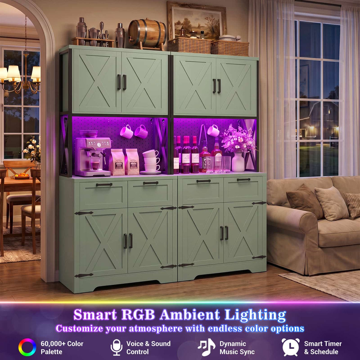 71" Tall Kitchen Pantry Cabinet with Microwave Countertop, 63" Wide