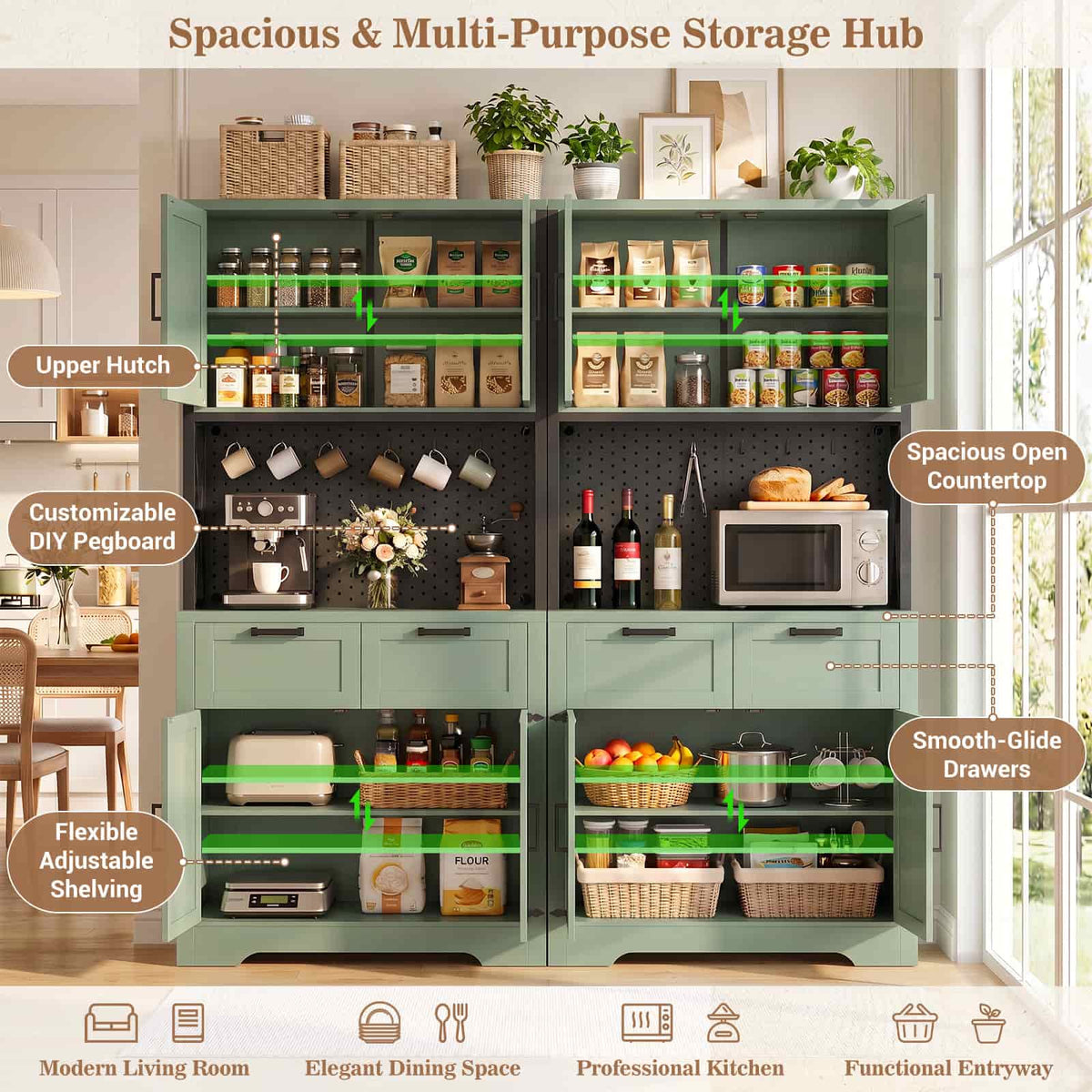 71" Tall Kitchen Pantry Cabinet with Microwave Countertop, 63" Wide