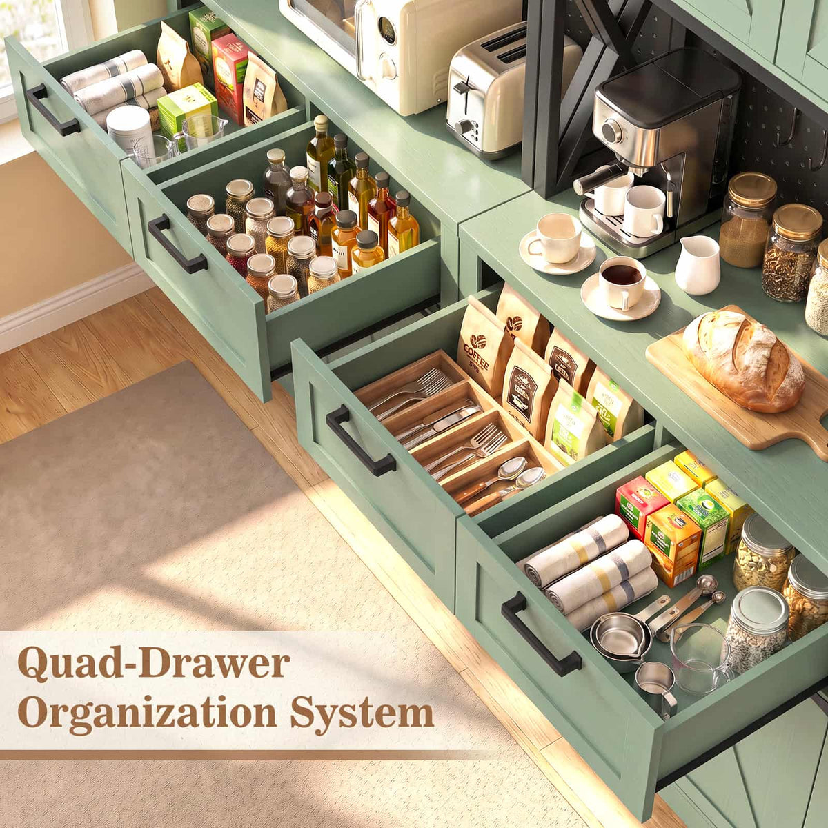 71" Tall Kitchen Pantry Cabinet with Microwave Countertop, 63" Wide