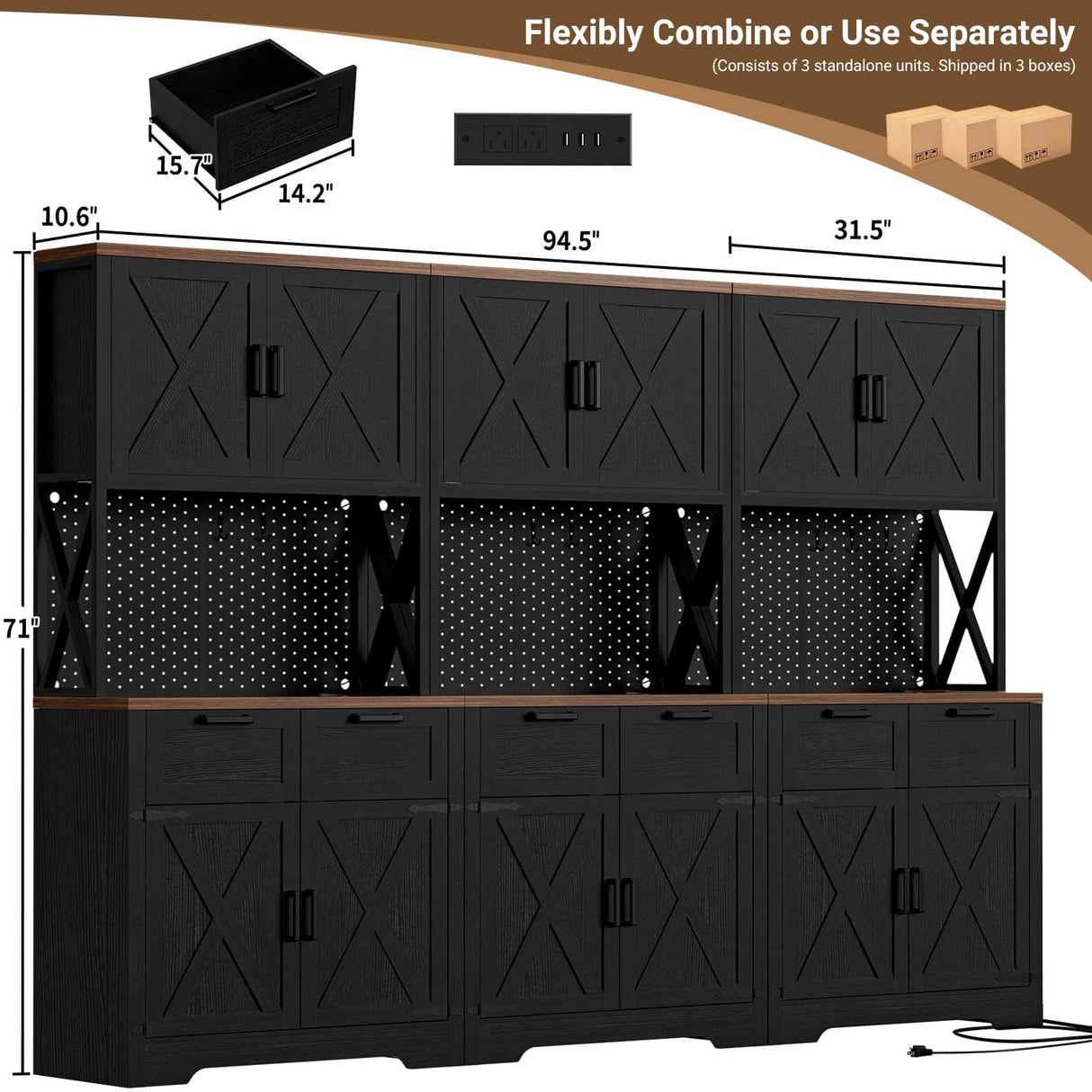 94.5" W x 71" H Kitchen Pantry Cabinet with Countertop, Large Storage Buffet Hutch with 3 Power Outlets & LED Lights