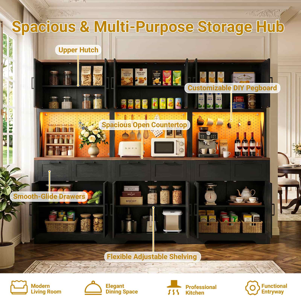 94.5" W x 71" H Kitchen Pantry Cabinet with Countertop, Large Storage Buffet Hutch with 3 Power Outlets & LED Lights
