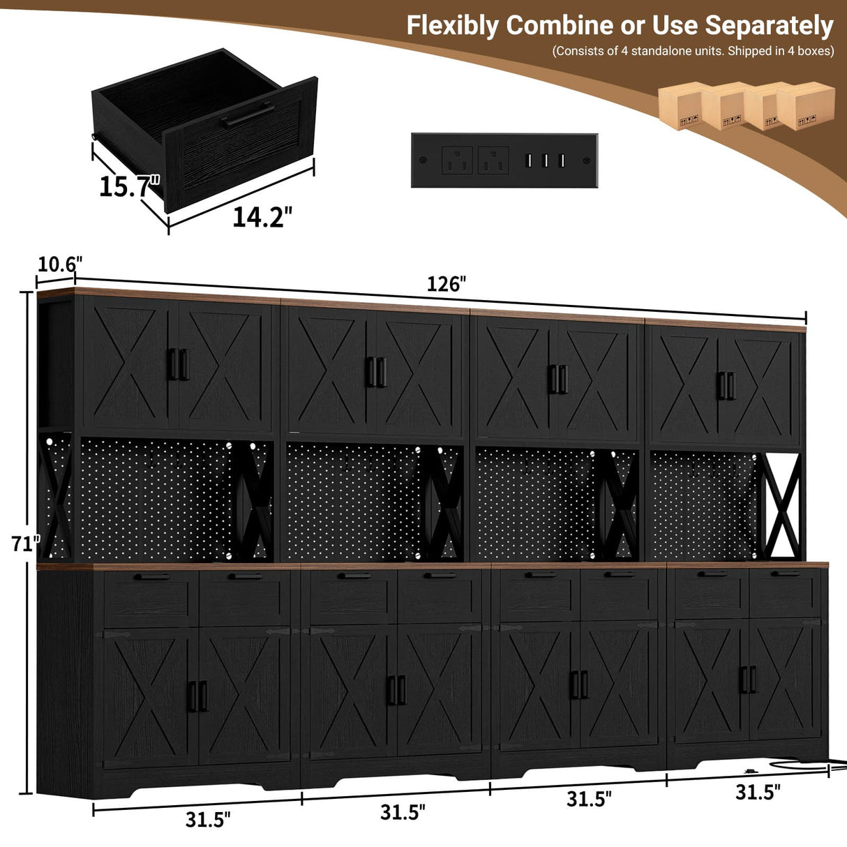 126" W x 71" H Kitchen Pantry Cabinet with Countertop, Large Storage Buffet Hutch with 4 Power Outlets & LED Lights