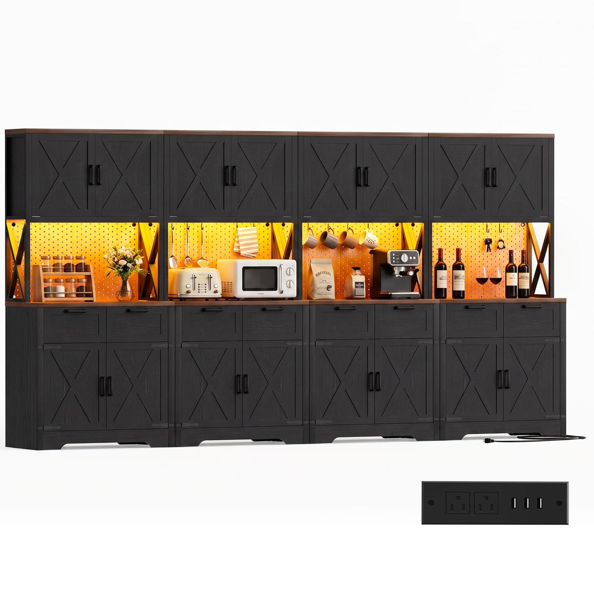 126" W x 71" H Kitchen Pantry Cabinet with Countertop, Large Storage Buffet Hutch with 4 Power Outlets & LED Lights